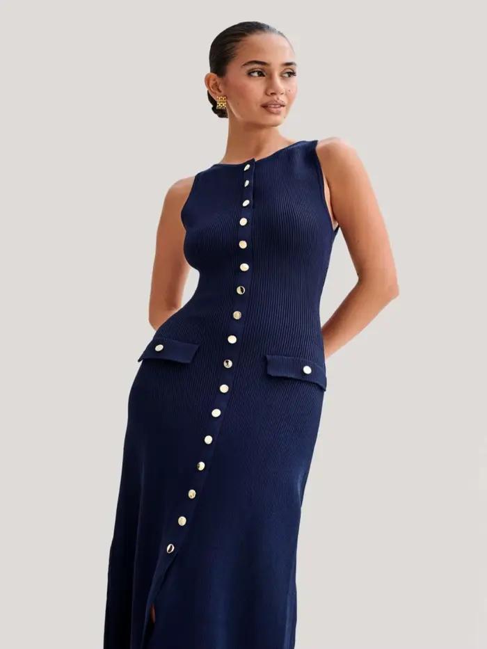 Nouvelle Robe Cardigan Tricotée Sans Manches à Boutonnage Simple avec Col Rond pour un Look Haut de Gamme et Jupe Longue pour l'Été