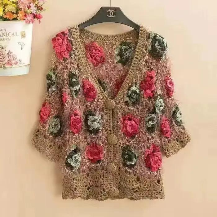 Cardigan en crochet amissié à fleurs pour femmes