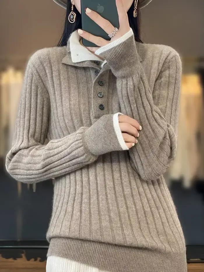 Pull à col rabattu pour femme 100% laine mérinos Automne Hiver Épaissi Chaud Casual Tricotage en cachemire Vêtements