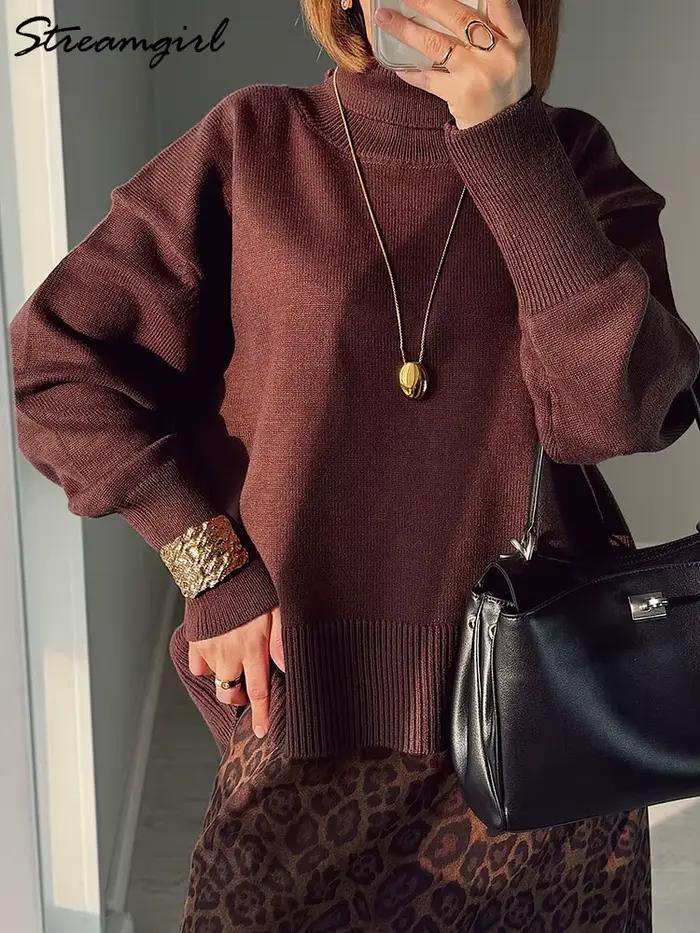 Hiver bordeaux pull femmes col roulé chaud pulls hauts en tricot marron