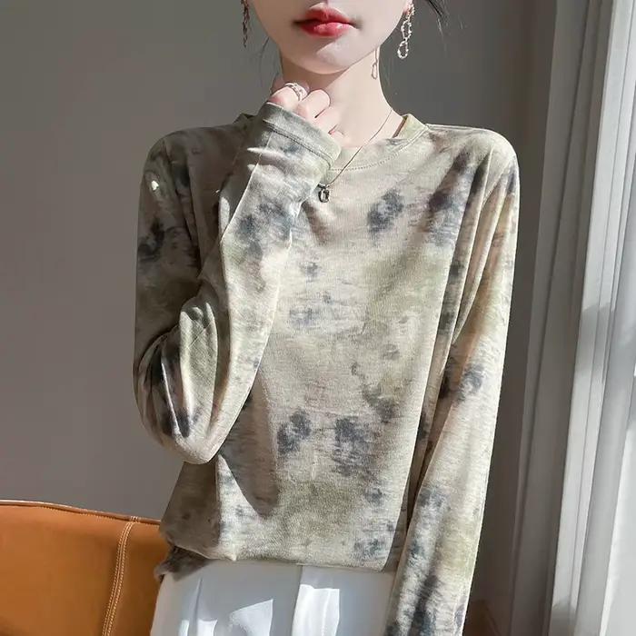 Nouveau pull col rond en soie de mûrier peint à l'encre pour femme