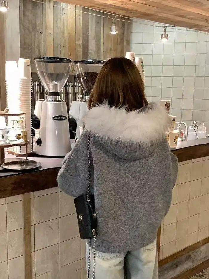Veste Cardigan tricotée à col en fourrure texturée haut de gamme pour femmes