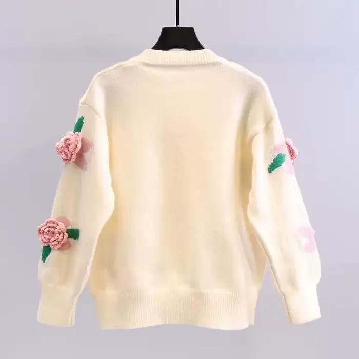 Cardigan en tricot à col rond pour femme, pull à fleurs, automne/hiver