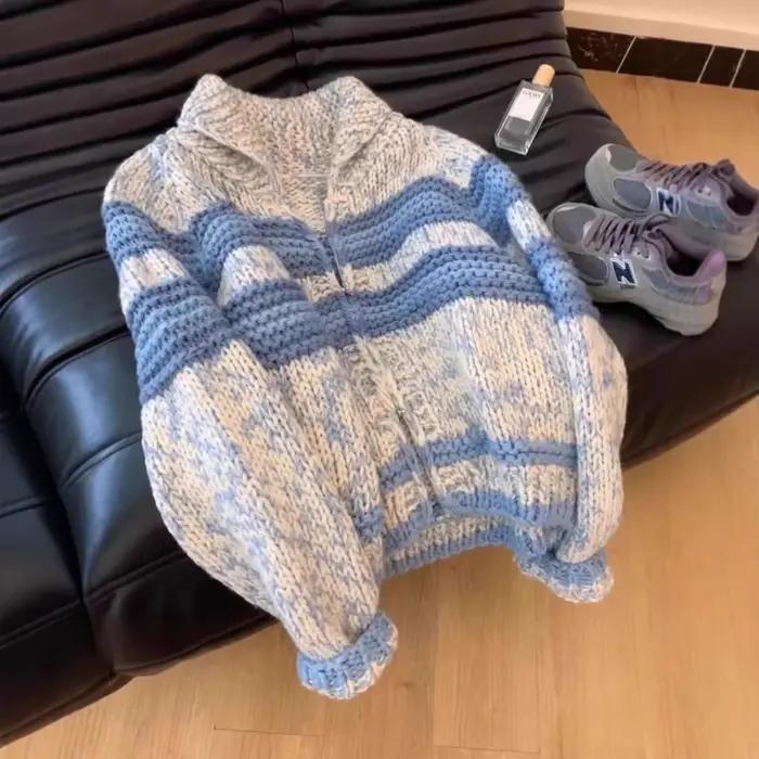 Cardigan Coréen Décontracté Bleu En Polyester Pour Femmes Occasions Automnales Hivernales