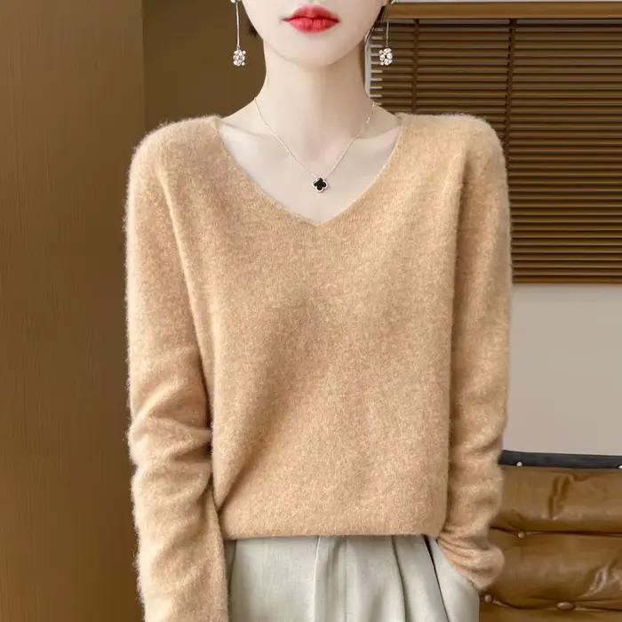 Cardigan col en v couleur unie à manches longues nouveau pull tricoté pour femme