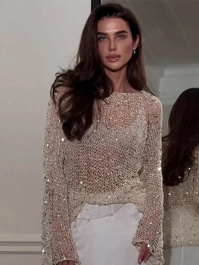 Chemisier tricoté à paillettes col rond pour femmes streetwear chic à manches longues hauts de vacances été toutes les saisons