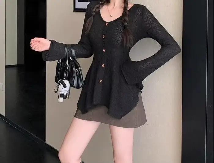 Pull tricoté à manches longues et col en v pour femme