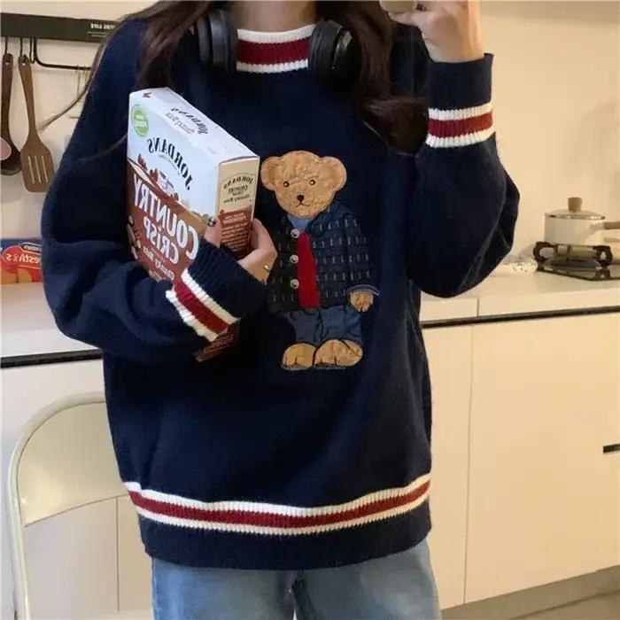Pull tricoté Vintage avec broderie d'ours de dessin animé pour femme