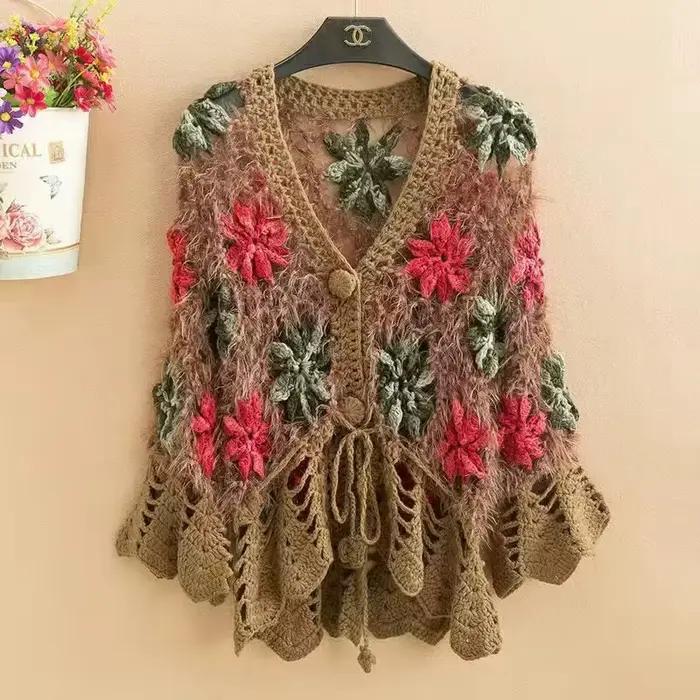Cardigan en crochet amissié à fleurs pour femmes