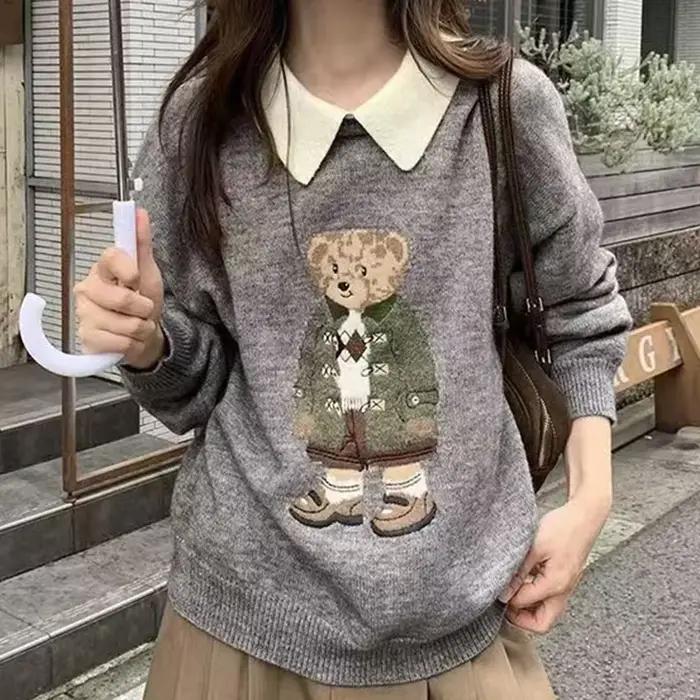 Mode coréenne classique ours pull en vrac hiver automne à manches longues gris hauts mignon dessin animé Jacquard