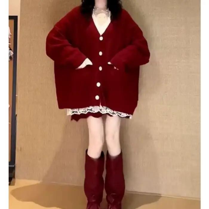Pull rouge de Style paresseux rétro français