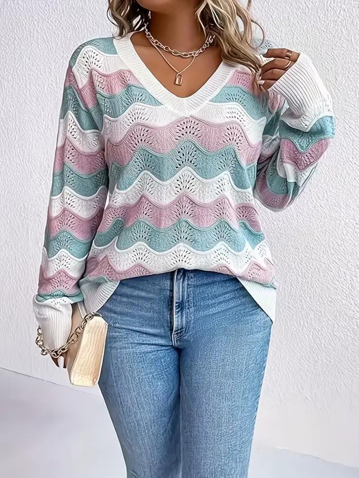Mode féminine grande taille européenne et américaine : Pull en tricot sexy à col en V avec découpes et blocs de couleur pour femmes