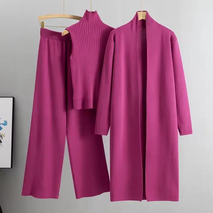 Ensemble de trois pièces cardigan long pour femme, pantalon en tricot, col haut, jambes larges, automne-hiver 2025 pour sorties nocturnes