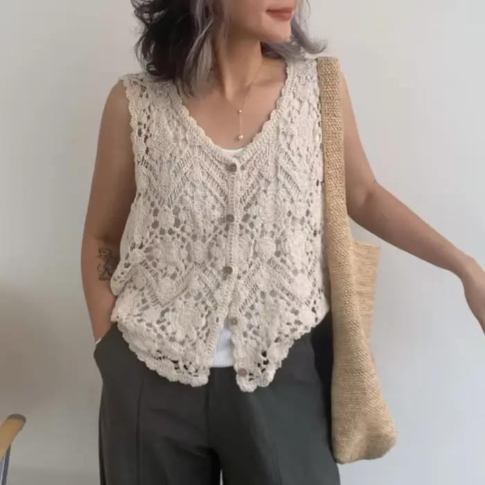 Gilet en crochet floral brodé pour femme