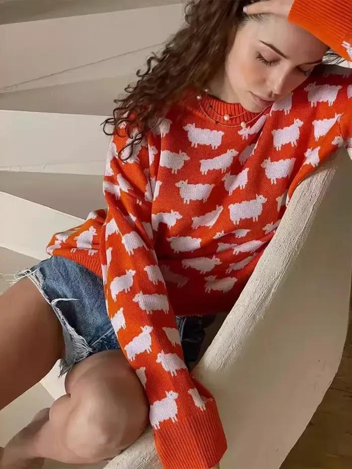Bornladies-Pull imprimé alpaga à col rond pour femme