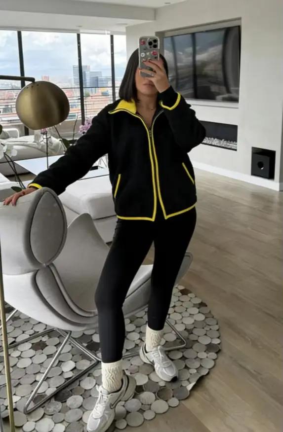 Cardigan tricoté contrasté pour femmes, décontracté et élégant, avec poches pratiques pour automne-hiver, style patchwork, polyester durable ```