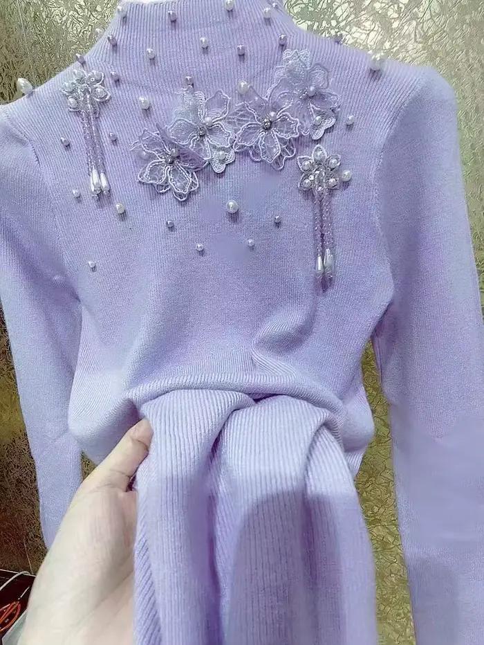 Pull en tricot pour femme avec perles
