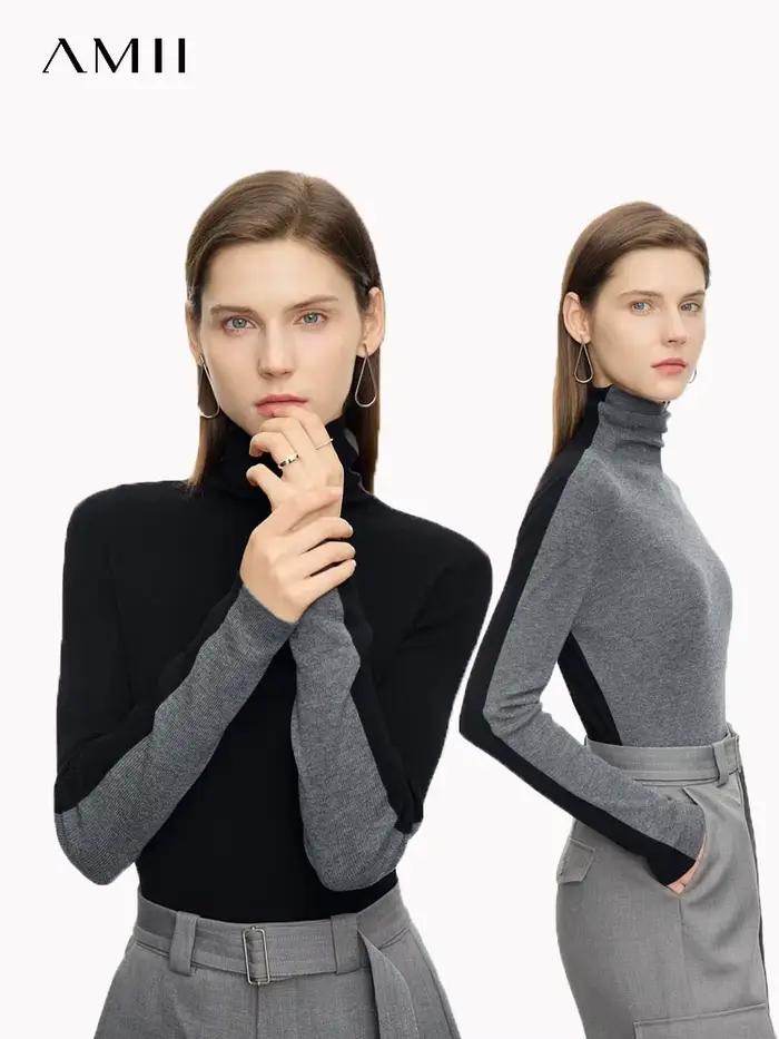 Amii femmes chandails 2024 hiver minimalisme à manches longues col haut mince doux hauts en tricot pull Patchwork