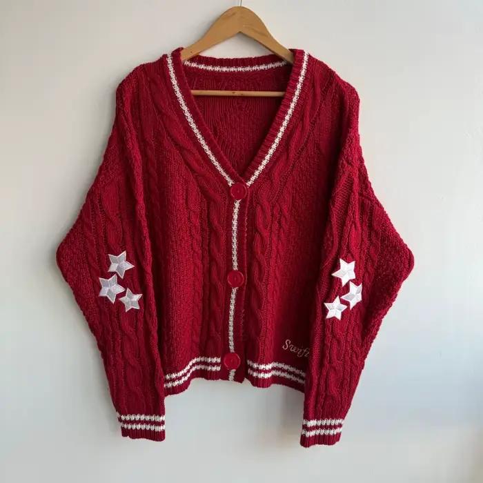 Cardigan Rouge Brodé d'Étoiles Pour Femme Occasion Spéciale Décontracté Coupe Ample Automne Hiver