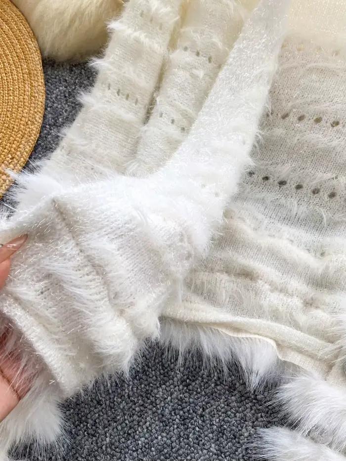 Cardigan Foamlina 2025 Automne Hiver Fourrure Polyester Blanc Elegant Solide Femmes Manches Longues Occasions Spéciales