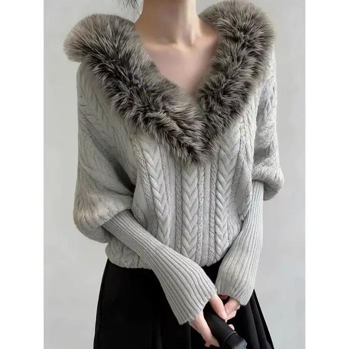 Pull tricoté rétro à grand col en v pour femmes