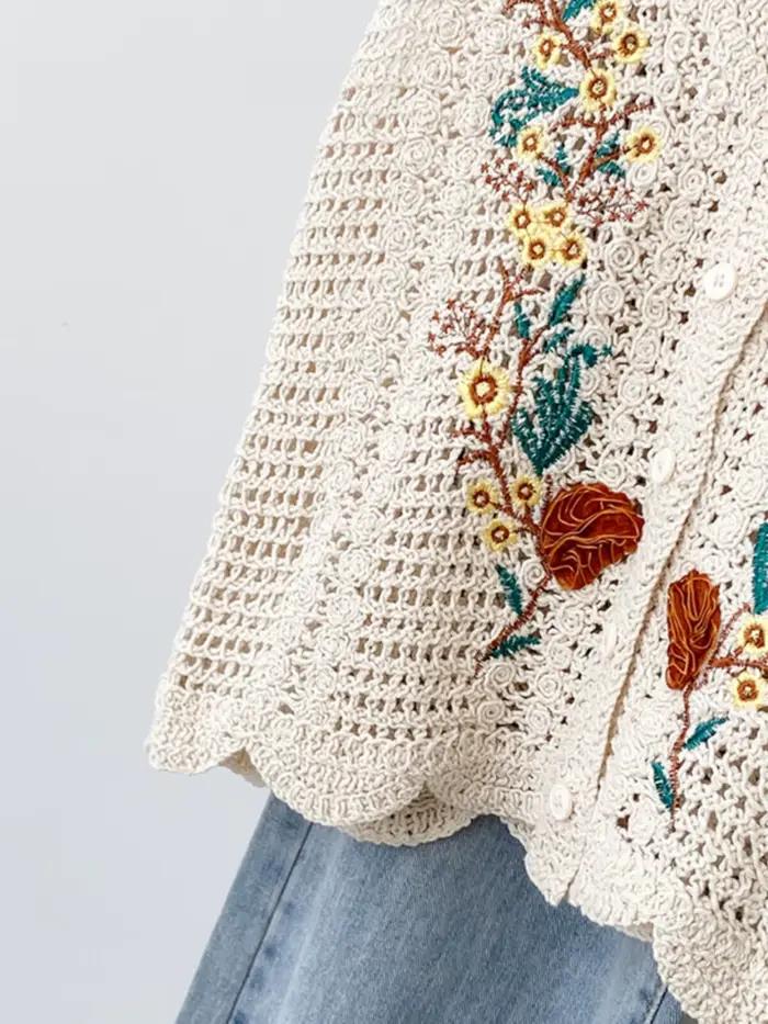 Gilet bohème en crochet pour femme avec broderie florale 3D
