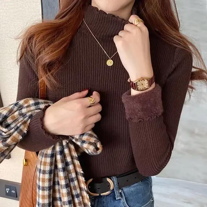 Automne hiver femmes volants col montant pull épaissir polaire chaud thermique