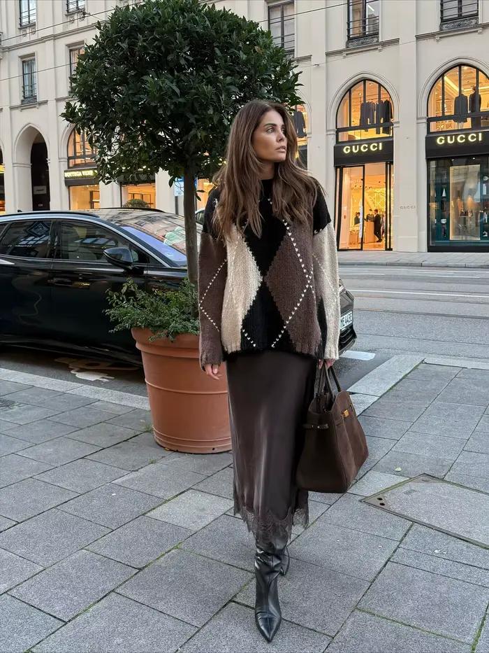 Pull BSAY motif écossais chic à manches longues pour femmes automne hiver mode festive soirée partie