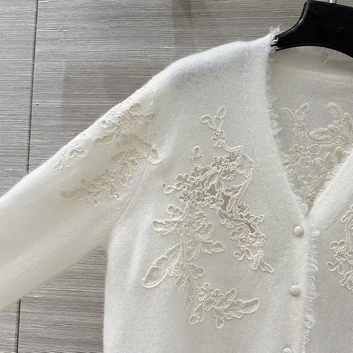 100% cachemire 2025 hiver nouvelle mode broderie dentelle florale tricot tricoté cardigan à manches longues femmes vêtements féminins
