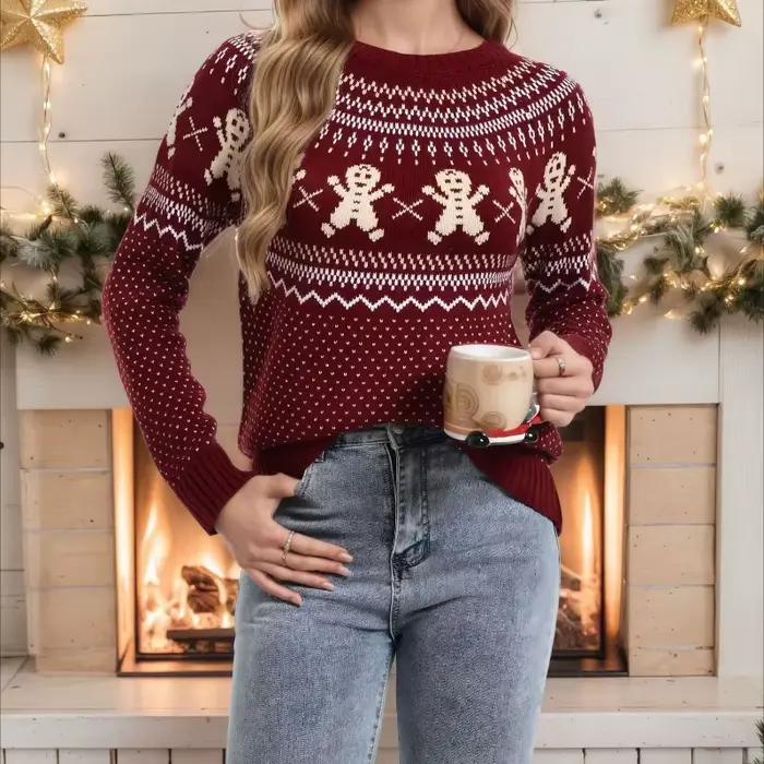 2025 automne et hiver pull de noël en vrac tricoté à pois flocon de neige dessin animé femmes