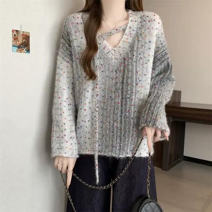Pull court violet à col en v pour femme