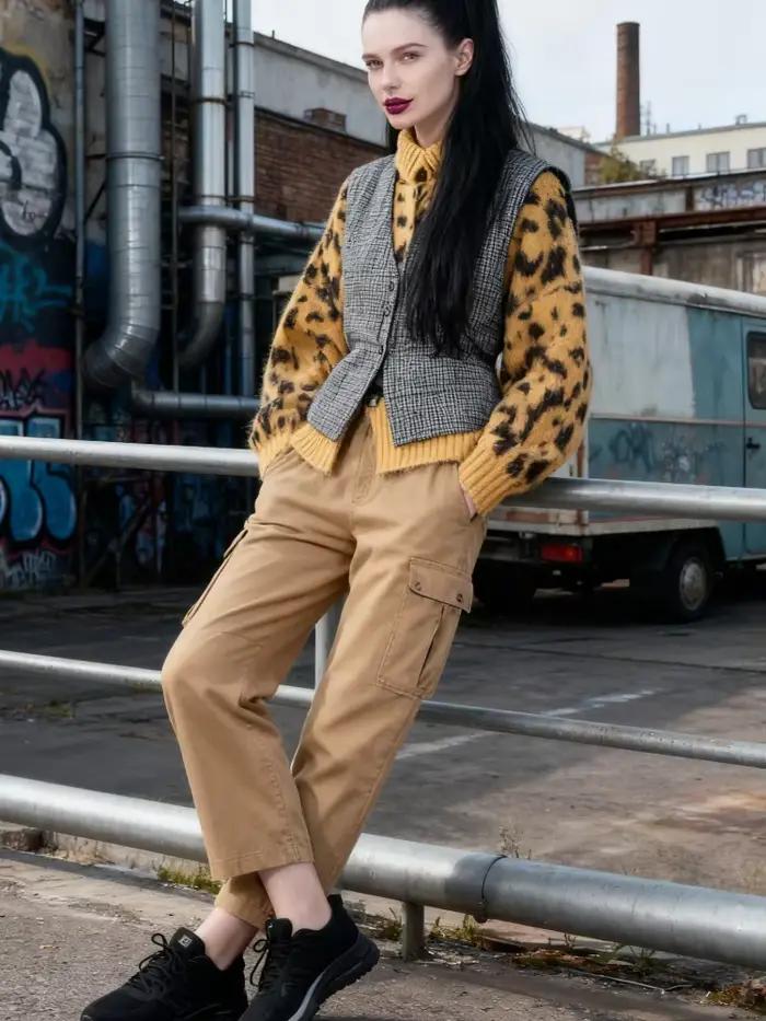 Cardigan léopard jaune pour femme, col roulé, motifs léopard, confort coton-polyester, style décontracté, saison automne-hiver, occasions spéciales et quotidiennes
