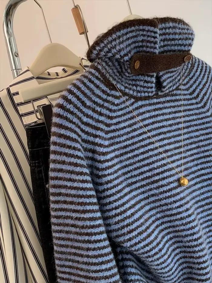 Pull rayé à revers bleu pour Femme