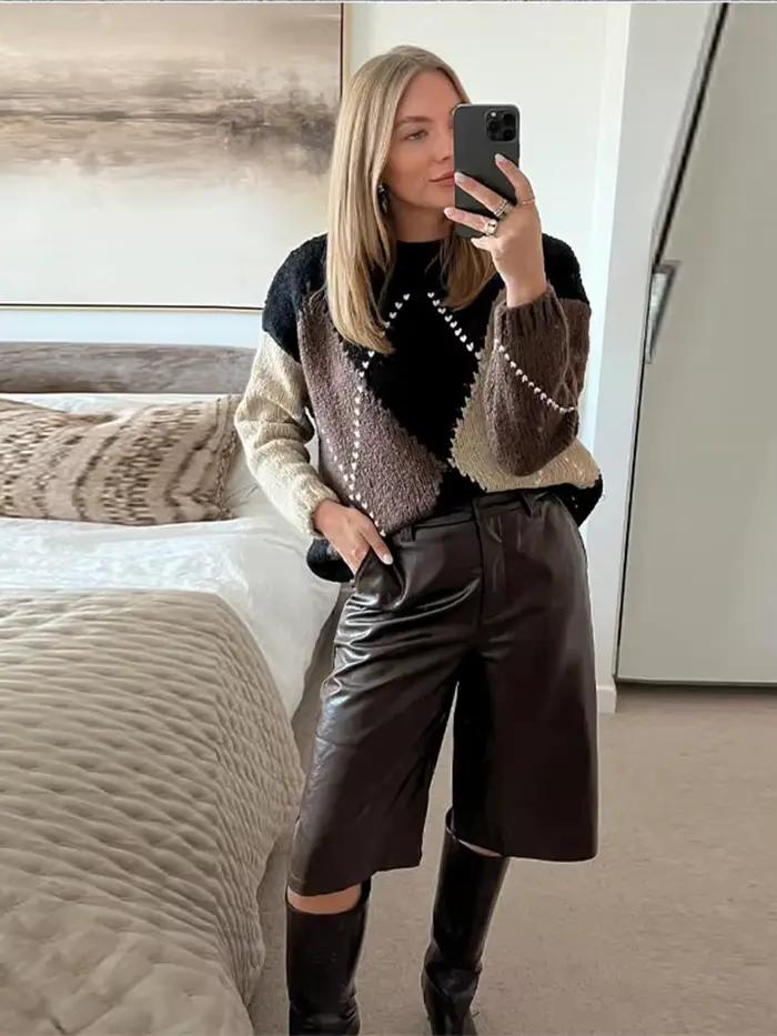 Plaid tricoté femmes pull 2025 automne hiver nouvelle mode manches longues impression
