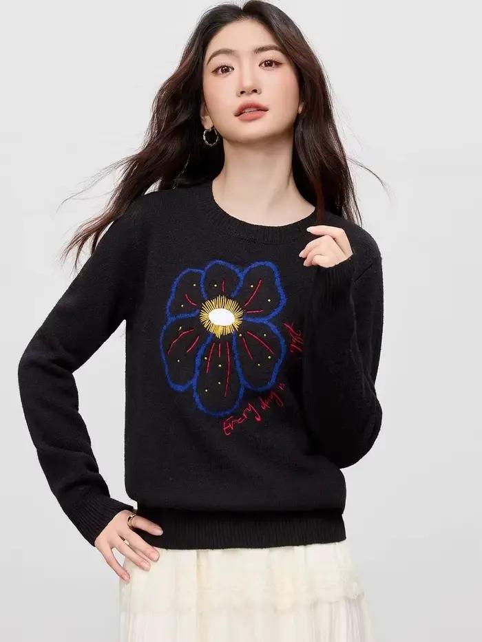 Pull Sentubila Femme Jacquard Floral à Manches Complètes en Polyester, Acrylique, Laine et Élasthanne, Avec Broderie, Taille Ample, Pour Femmes de 25 à 34 Ans, Occasions Professionnelles et Sociales ```