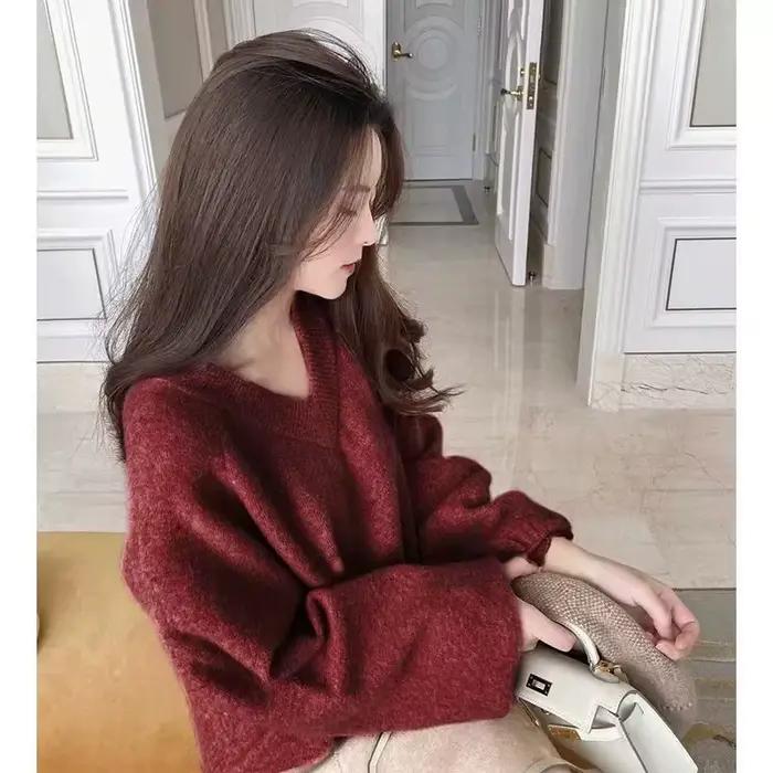 Pull de couleur unie à col en v pour femmes