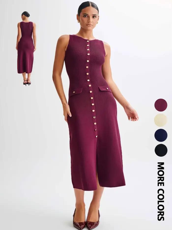 Nouvelle Robe Cardigan Tricotée Sans Manches à Boutonnage Simple avec Col Rond pour un Look Haut de Gamme et Jupe Longue pour l'Été