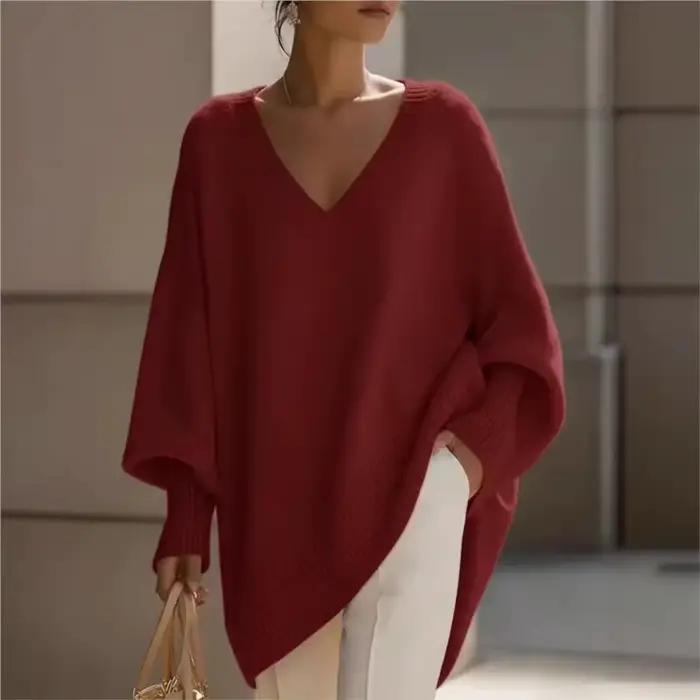 Pull en maille ample à col en V et manches longues de couleur unie pour femme