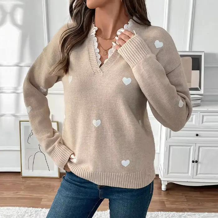 Pull en tricot à col en V avec dentelle épissée