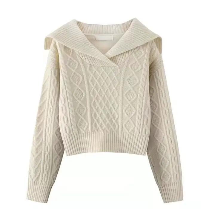 Col Peter Pan décontracté Chic tricot doux à manches longues pull femme
