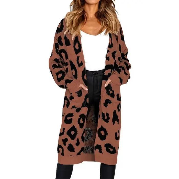 Pull imprimé léopard, Cardigan tricoté ample mi-long pour femme