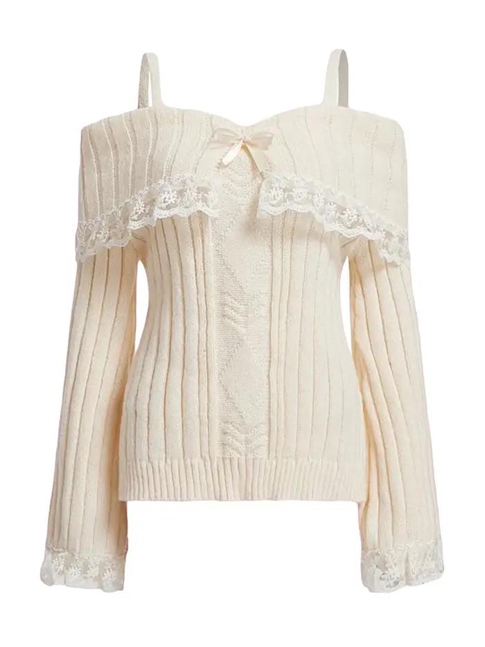 Pull à épaules dénudées tricoté en polyester pour femmes, manches longues, dentelle contrastée, col rond, élégant et confortable pour toutes les occasions