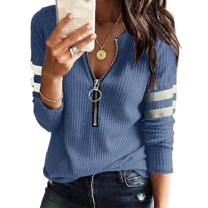 Nouveau printemps automne rayure grande fermeture éclair rétro pull à manches longues