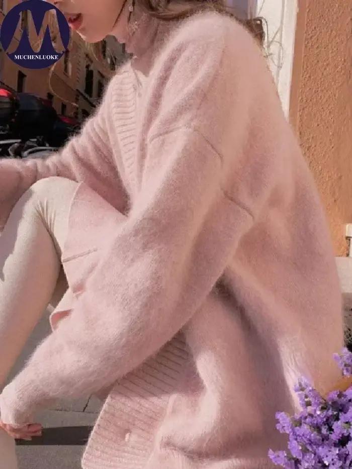 Pull ample à col en V pour femme, cardigan élégant en polyester, hauts magnifiques pour automne et hiver, style coréen, confortable et chic