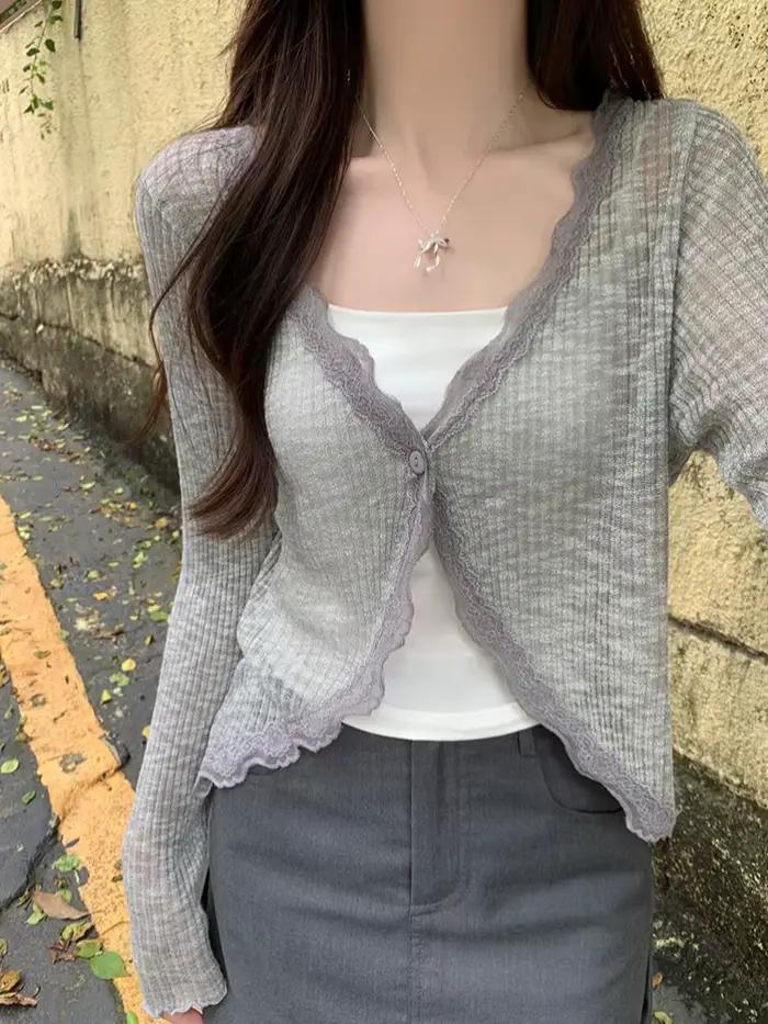 Cardigan Féerique Printemps Été Garniture Dentelle Bouton Unique Tenue Féerique Occasions Spéciales