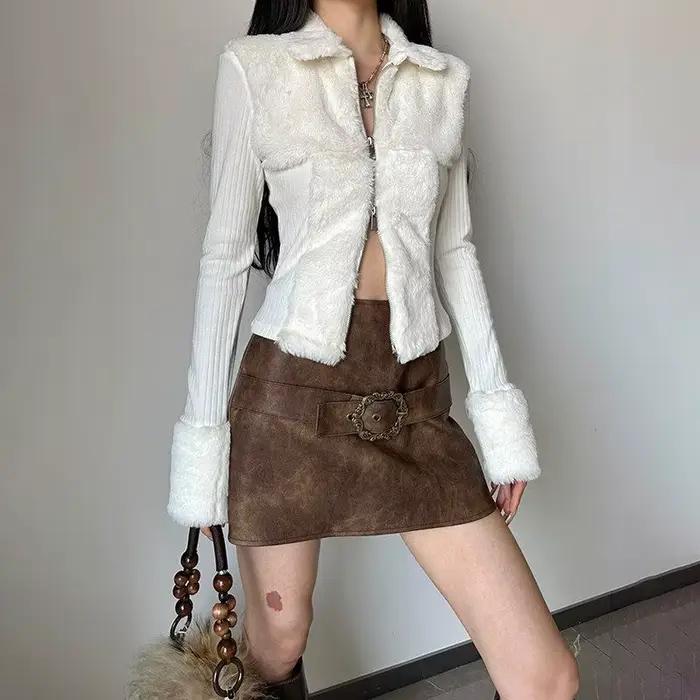 Pull en tricot blanc moelleux à col polo avec fermeture éclair bidirectionnelle