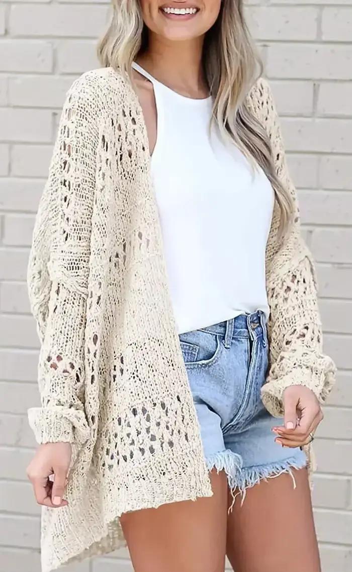 Cardigan long au crochet pour femme
