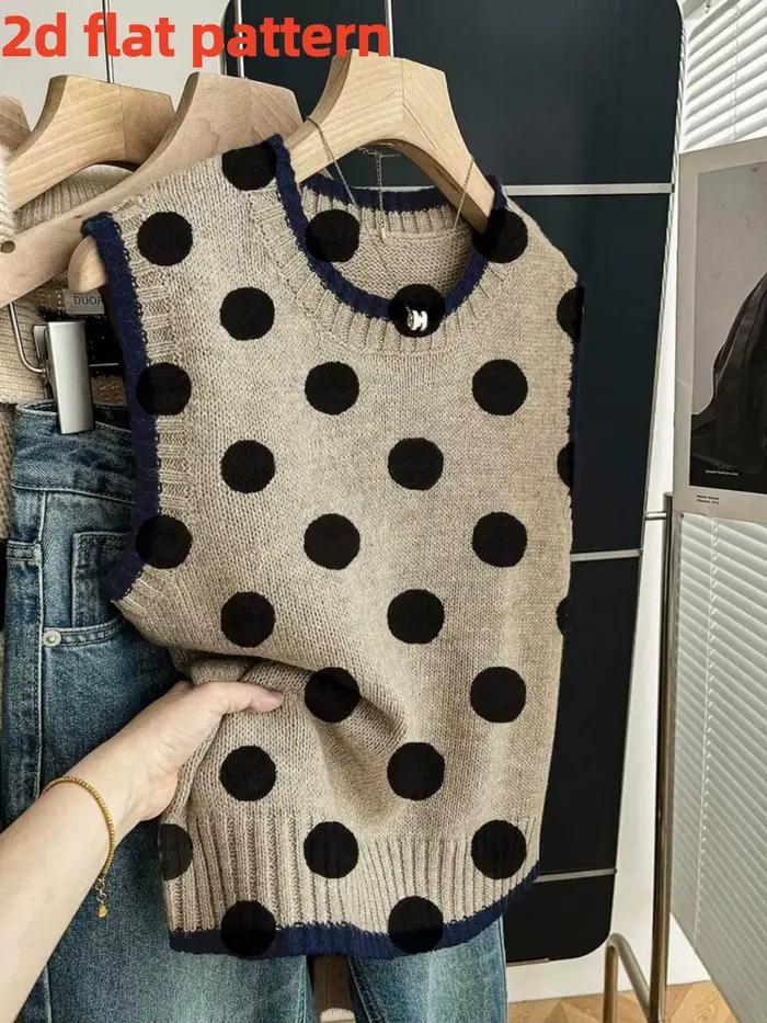 Nouveau gilet pull tendance pour femme motif plat 2D toutes saisons col rond imprimé numérique à pois occassions spéciales style fashion polyester ajustement régulier