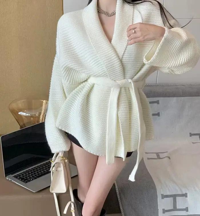 Cardigan à nouer pour femmes tricot confortable manches longues ouvert sur le devant avec cravate détachable style coréen automne hiver occassionnelle