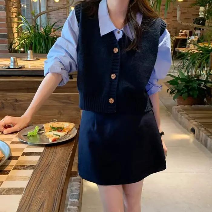 Chandail en tricot court Kawaii bleu Style Preppy pour femmes confortable et élégant pour automne hiver à offrir occasions spéciales